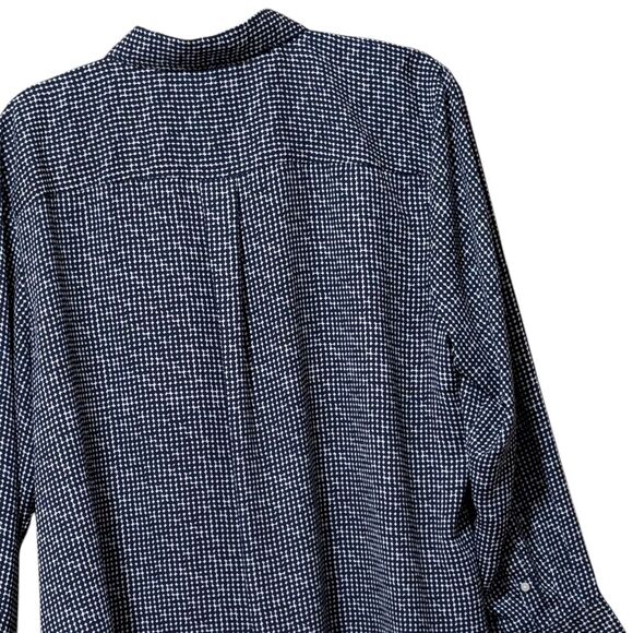 Chaps Geometric Print Semi Shear Blouse Navy 2X Polka Dot Collar Button Front - Picture 10 of 11